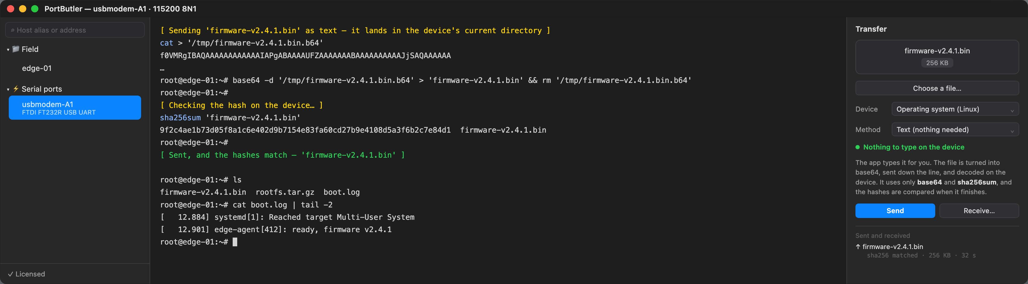 A file being sent to a device over serial as base64, with the hash verified on arrival